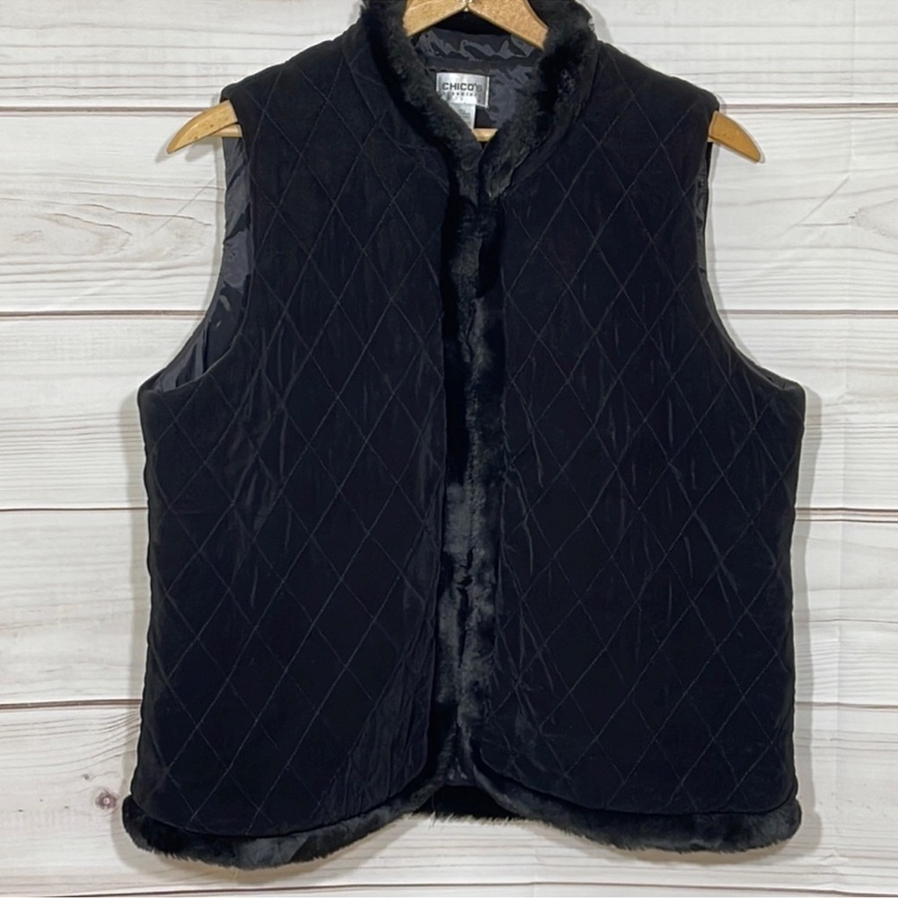 Chico's Elegant Black‎ Faux Fur Trim Vest XL Size 3 16